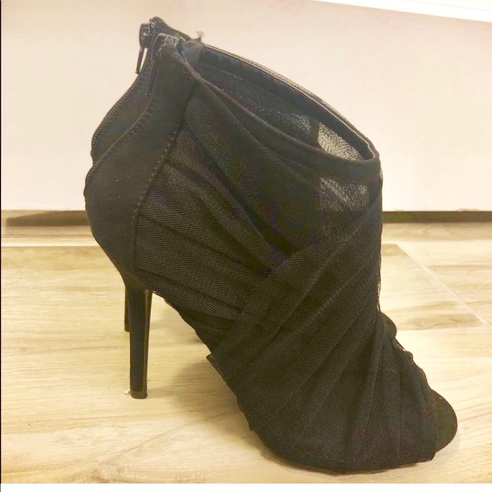 Black mesh bootie heels